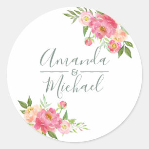 Waterverf Peony-bloemen op lente-bruiloft Ronde Sticker