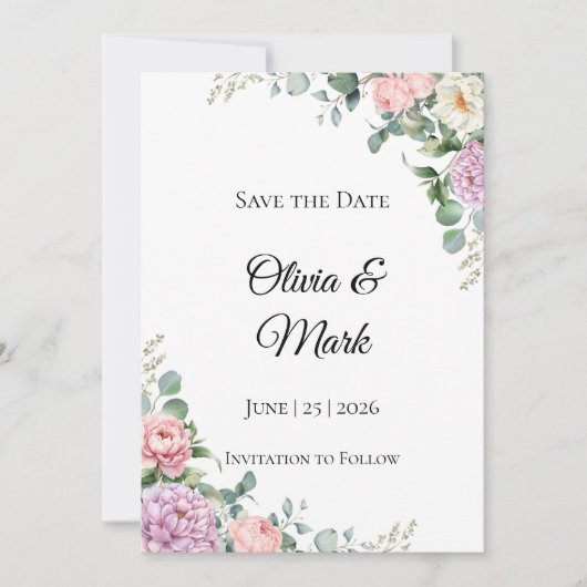 Waterverf Peony & Eucalyptus Bewaar de datum Save The Date (Voorkant)