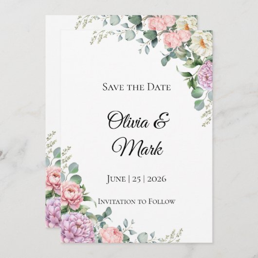 Waterverf Peony & Eucalyptus Bewaar de datum Save The Date (Voorkant / Achterkant)