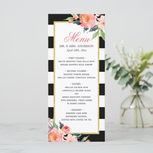 Waterverf Peony Floral Black Stripes Weddenschap M Menu (Staand voorkant)
