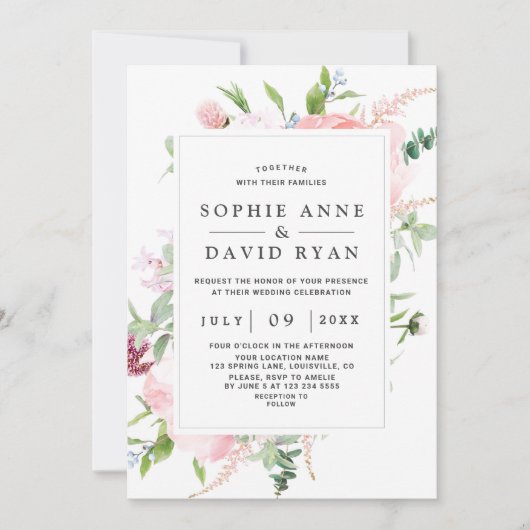 Waterverf Peony Floral Lijst Wedding Kaart (Voorkant)