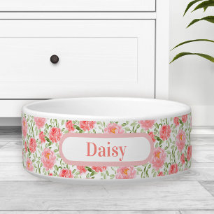 Waterverf Peony Floral Pattern Name Pet Bowl Voerbakje