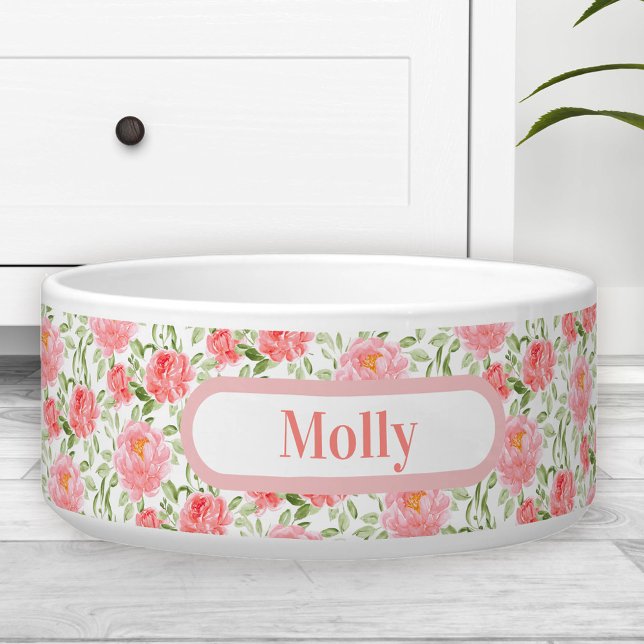 Waterverf Peony Floral Pattern Name Pet Voerbakje (Watercolor Peony Floral Pattern Name Pet Bowl large)