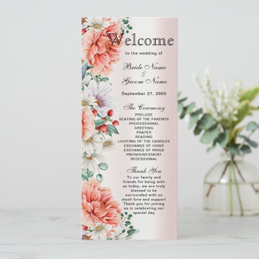 Waterverf Peony Flower Wedding Programma Programmakaart (Staand voorkant)