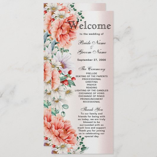 Waterverf Peony Flower Wedding Programma Programmakaart (Voorkant / Achterkant)