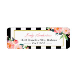 Waterverf Peony Flowers Black White Stripes Etiket