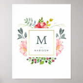 Waterverf Peony Flowers met Gold en Monogram Poster (Voorkant)