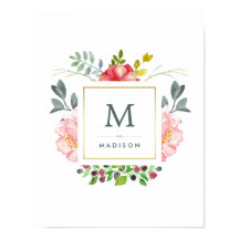 Waterverf Peony Flowers met Gold en Monogram