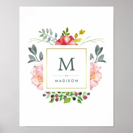 Waterverf Peony Flowers met Gold en Monogram Poster (Voorkant)