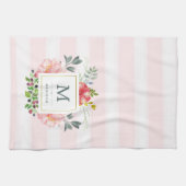 Waterverf Peony Flowers met Monogram en Stripes Theedoek (Horizontaal)