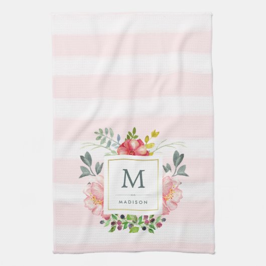 Waterverf Peony Flowers met Monogram en Stripes Theedoek (Verticaal)