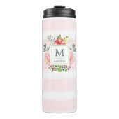 Waterverf Peony Flowers met Monogram en Stripes Thermosbeker (Voorkant)