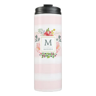 Waterverf Peony Flowers met Monogram en Stripes Thermosbeker