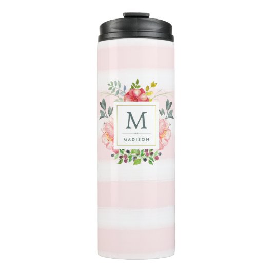 Waterverf Peony Flowers met Monogram en Stripes Thermosbeker (Voorkant)