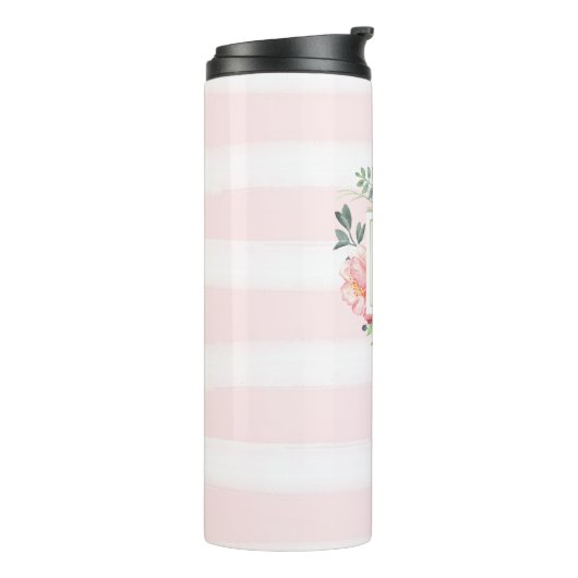 Waterverf Peony Flowers met Monogram en Stripes Thermosbeker (Gedraaid links)