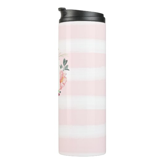 Waterverf Peony Flowers met Monogram en Stripes Thermosbeker (Geroteerd rechts)