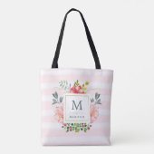 Waterverf Peony Flowers met Monogram en Stripes Tote Bag (Achterkant)
