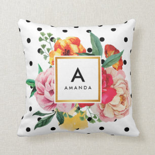 Waterverf Peony Flowers Monogram zwarte polka-stip Kussen