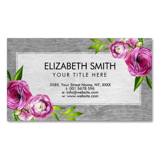 Waterverf Peony Flowers op grijs hout Visitekaartje Magneet (Voorkant)