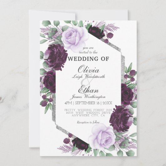 Waterverf Peony Paars Gray Silver Fall Wedding Kaart (Voorkant)