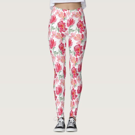 Waterverf Peony Pattern Leggings (Voorkant)