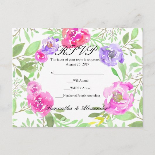 Waterverf Peony Pink Green Floral Wedding Uitnodiging Briefkaart (Voorkant)