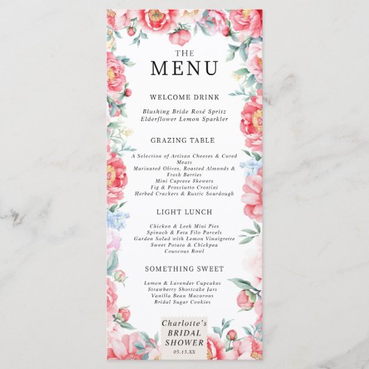 Waterverf Peony Vrijgezellenfeest Menu (Voorkant)