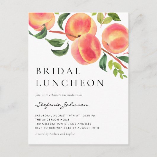 Waterverf Peraches Summer Bridal Luncheon Uitnodiging Briefkaart (Voorkant)
