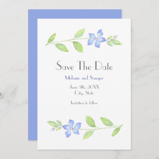 Waterverf Periwinkle Vloer sparen de Datum Save The Date (Voorkant / Achterkant)