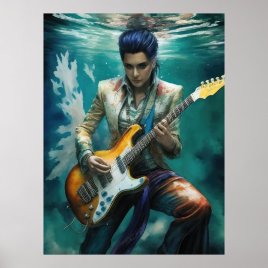 Waterverf Persoon Onderwater Gitaar spelen Poster (Voorkant)