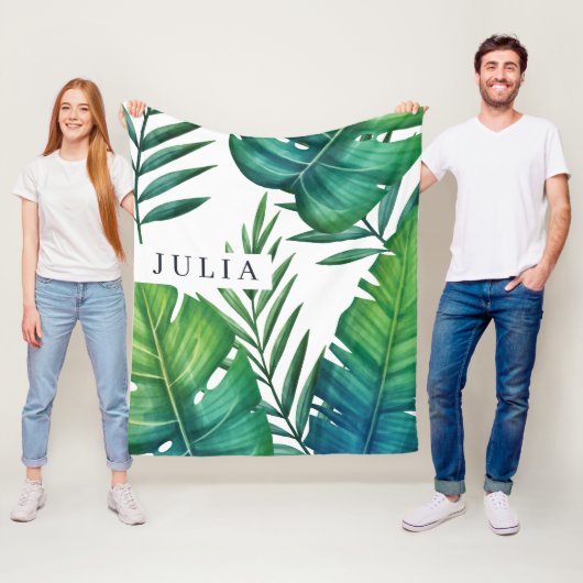 Waterverf persoonlijke tropische bladeren fleece deken (In situ)