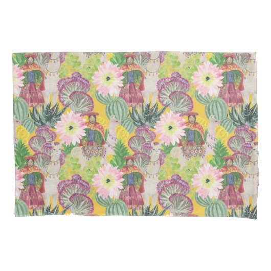 Waterverf Peruaanse vrouw en Llama Pattern Kussensloop (Voorkant-Links)