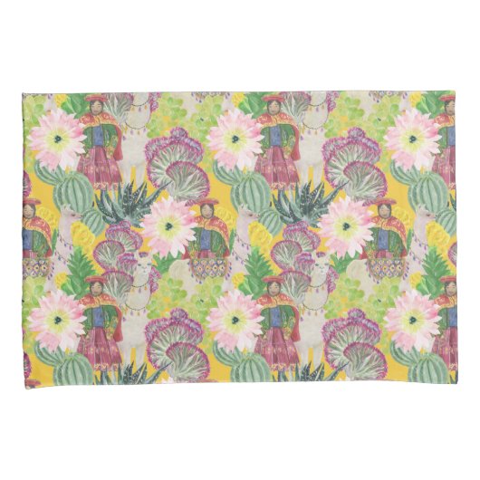 Waterverf Peruaanse vrouw en Llama Pattern Kussensloop (Voorkant-Rechts)