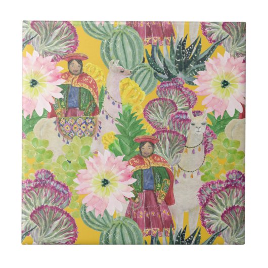 Waterverf Peruaanse vrouw en Llama Pattern Tegeltje (Voorkant)