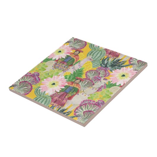 Waterverf Peruaanse vrouw en Llama Pattern Tegeltje (Zijkant)