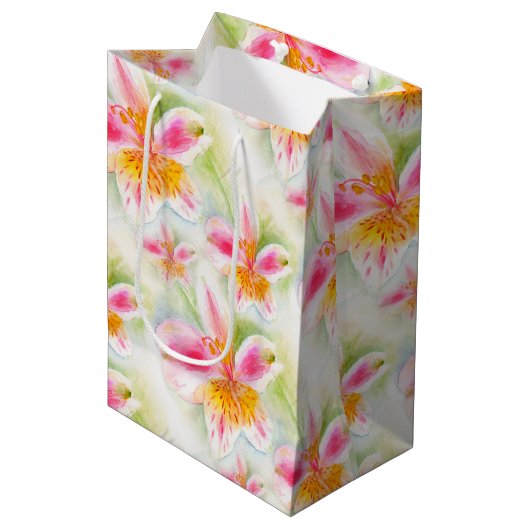 Waterverf Peruvian Lily Alstroemeria art gift tas Medium Cadeauzakje (Voorkant Gekanteld)