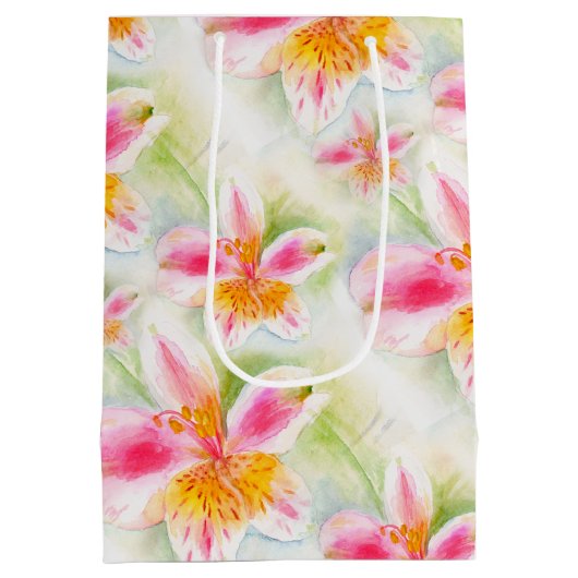 Waterverf Peruvian Lily Alstroemeria art gift tas Medium Cadeauzakje (Achterkant)
