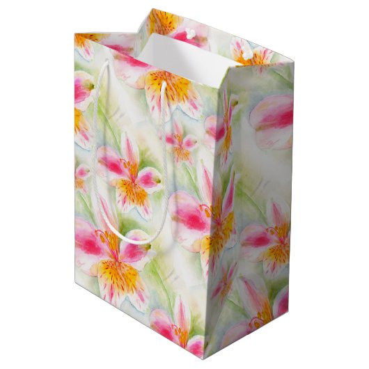 Waterverf Peruvian Lily Alstroemeria art gift tas Medium Cadeauzakje (Achterkant Gekanteld)