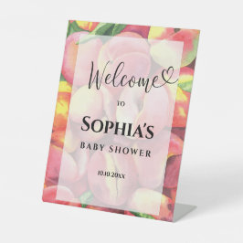 Waterverf perzik baby shower reclamebord met voetstuk