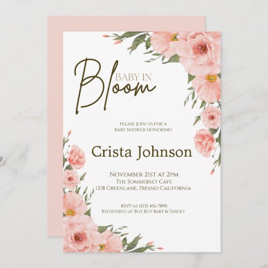 Waterverf Perzik Bloemen Baby shower Uitnodiging (Voorkant / Achterkant)