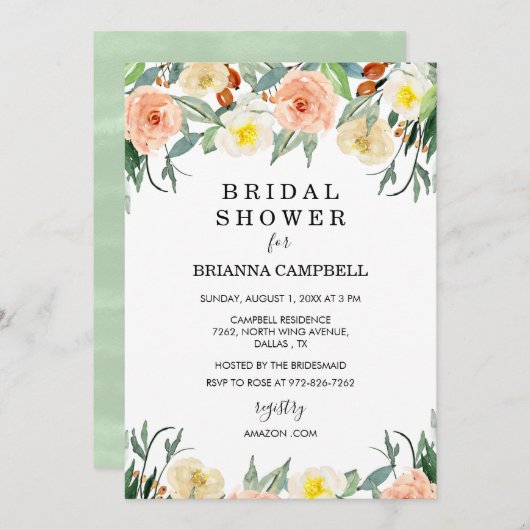 Waterverf Perzik Bloemen Bruids Douche Uitnodiging (Voorkant / Achterkant)