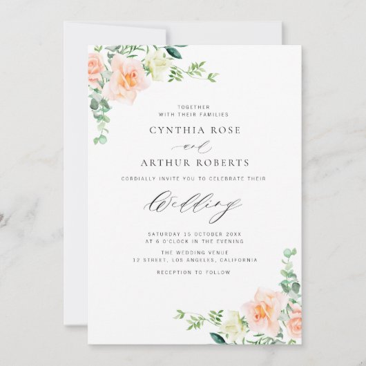 waterverf perzik bloemen bruiloft uitnodiging (Voorkant)