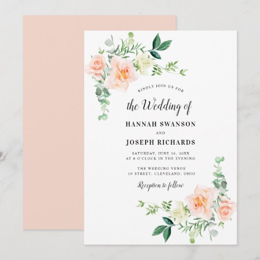 waterverf perzik bloemenbruiloft kaart (Voorkant / Achterkant)