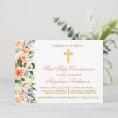 Waterverf perzik bloemengoud eerste communie kaart (Staand voorkant)