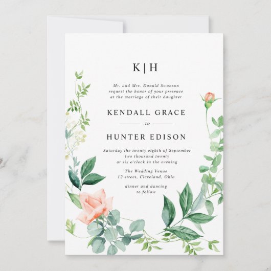 waterverf perzik bloemengroen bruiloft kaart (Voorkant)