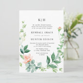 waterverf perzik bloemengroen bruiloft kaart (Staand voorkant)