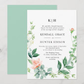 waterverf perzik bloemengroen bruiloft kaart (Voorkant / Achterkant)