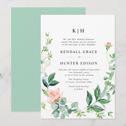 waterverf perzik bloemengroen bruiloft kaart (Voorkant / Achterkant)