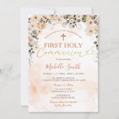 Waterverf perzik bloemenmeisje eerste communie kaart (Voorkant)