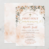 Waterverf perzik bloemenmeisje eerste communie kaart (Voorkant / Achterkant)